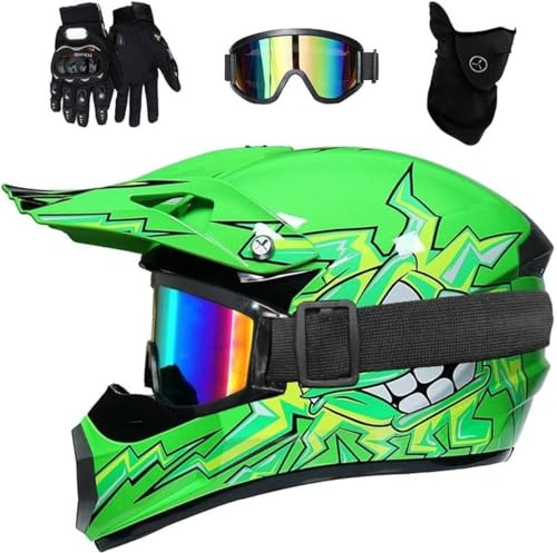 Vuxen Full Face MTB Motocross Hjälm med glasögonhandskar Mask, Unisex Motorcykel utanför vägen Motorcykelhjälm, Downhill Enduro MX Quad ATV Sports Dirt Bike Crash Hjälm(Green,XL(58~59cm))