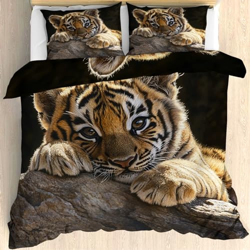 Maohryzed Housse de Couette Tigre - Parure de Iit 90x190 Enfant Animaux Sauvages - Réversible 1 Personnes Fermeture éclair Sets Housse Couette avec 1 Taie d'oreiller 65x65 cm