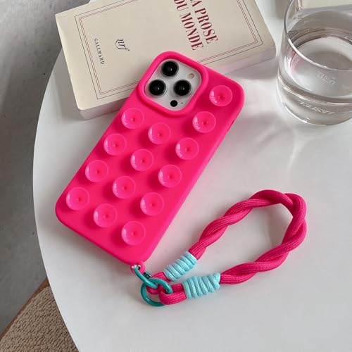 Yhsvie Custodia per iPhone 15 Con Cinturino,Design Ventosa Custodia,Sottile Morbida Silicone TPU Bumper Case Resistente Agli Urti Antigraffio Cover-Rosso Rosa