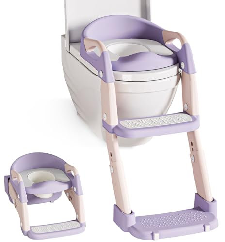 Toilettensitz Kinder mit Treppe, Höhenverstellbar Faltbarer Toilettenaufsatz Kinder, Tritthocker Kinder mit Rutschfestes Trittbrett, Kinder Toiletten Trainer für Jungen Mädchen Baby (Lila)