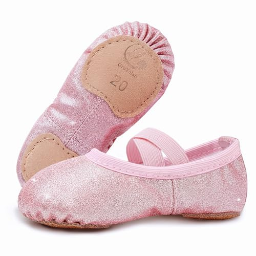 GroYolan Chaussons de Ballet Fille à Semelle Fendue Pailletés, Pantoufles de Danse Souples Antidérapantes avec Élastiques Croisés, Chaussures de Ballet Enfant/Tout-Petit Cours Spectacles Gymnastique