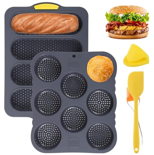 5 Piece Silicone Hamburger Bun Mold Set, 4/8-Cup Nonstick Burger Pans with Brush, Spatula, and Grab Glove, Rectangular Loaf Molds, Safe for Microwave and Dishwasher