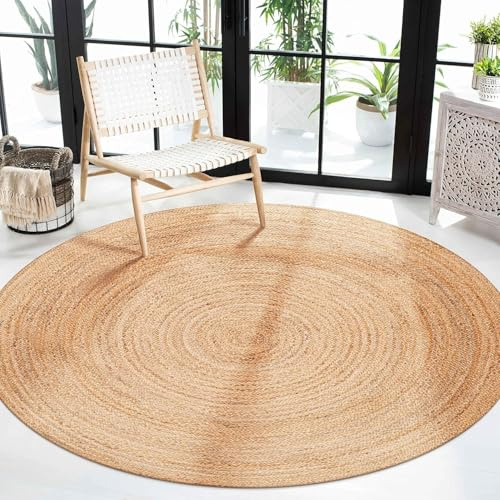 Craft Trade Handgewebt Natur Boho Jute Teppich Reversibel Geflochten Waschbarer Rund Juteteppich für Küche Wohnzimmer und Schlafzimmer- 180 cm