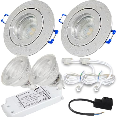 Rolux LED Einbauspots 12V Set IP44 für Bad & Küche – 2er Set Aluminium gebürstet mit Chromring & Trafo – 3W 250lm 3000K Warmweiß – MR16-AMP-Kabel 120 cm – Bohrloch Ø 60–68 mm, Einbautiefe 55 mm