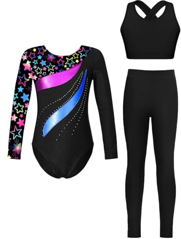 Xnihocha Costume De Gymnastique Pour Enfants Fille Tenue De Gym Manches Longues Body Avec Haut Et Pantalon Tenue D'entraînement Étoile noire 5-6 ans