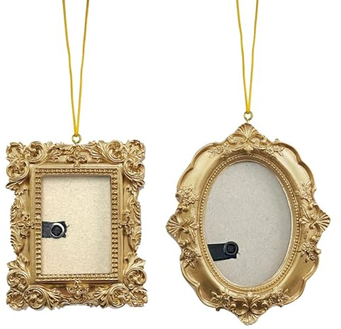 YUYWWAN Lot de 2 Mini Cadre Photo, Cadres Vintage en Résine, Dorée de Cadre Photos Rectangulaire Ovale Accroché au Sapin de Noël pour Décoration Cadeaux de Noel Murale