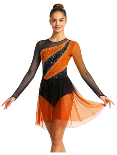 Robe De Patinage Artistique Femme Body Gymnastique Rythmique avec Strass Robe Danse Classique Ballerine Manches Longues Costume Danse Latine Tango Spectacle Orange L