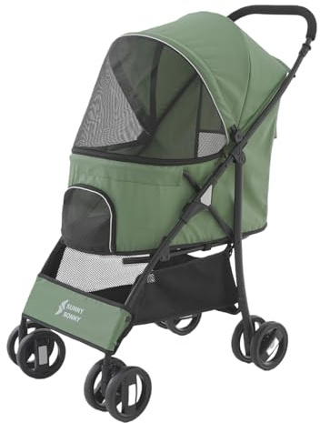 Sunny Sonny Faltbarer Jogger Haustier-Kinderwagen mit Wetterabdeckung, Aufbewahrungskorb, Haustier-Tragetasche für S/M Hunde und Katzen bis zu 15 kg (Grün)