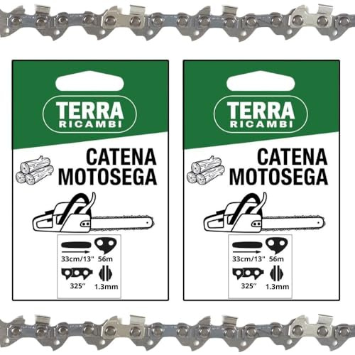 Set 2 Catene Motosega 325” 1.3mm – 56 Maglie per Barra 33cm/13 – Basso Contraccolpo, Alta Durata – Qualità Tedesca Terra Ricambi – Per Uso Agricolo, Forestale e Fai da te.