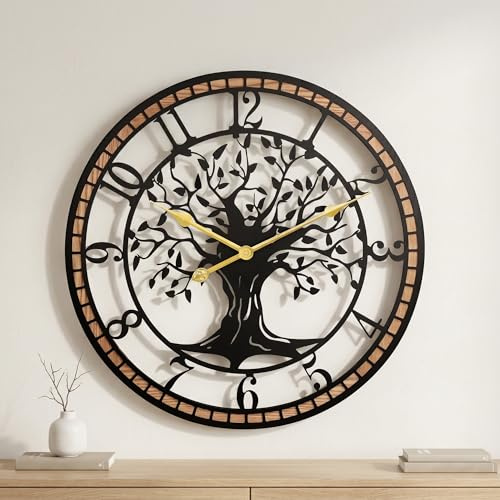 Blissio Orologi per soggiorno, grande orologio da parete, albero della vita e cornice in legno, funzionamento a batteria senza ticchettio, per sala da pranzo, camera da letto, cucina, ufficio