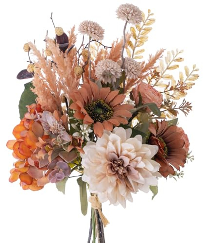 Peauley Flores artificiales de seda de 17 pulgadas, centros de mesa de plástico sintético para el hogar con dientes de león, dalias, hortensias, girasoles, rosas, astilbes y ramitas de flor de