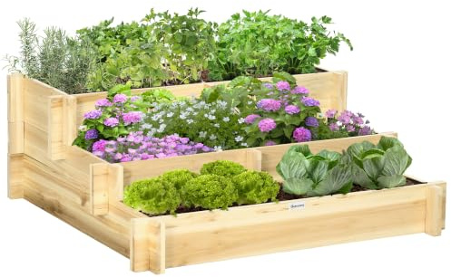 Outsunny Carré Potager de Jardin, 93 x 93 x 35 cm, Effet Bois Naturel | Bois Massif, Jardinière Surélevé en Escalier 3 Niveaux, Jardin Balcon Terrasse, Extérieur Grande Taille