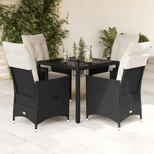 Mokuyary Grupo de comedor de jardín de 5 piezas con cojín, color negro, poliratán de polietileno, mesa de comedor, comedor, impermeable, balcón, terraza, 90 x 90 x 75 cm, sin pie de altura