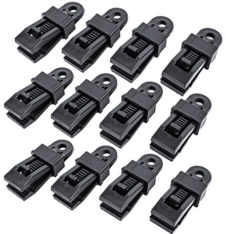 ProPlus 135740800_SML Vorzeltteppich Clips, 12 Stück | Zeltteppich sicher fixieren – verzahnte Klemmen aus PP-Kunststoff, 80 x 25 mm, mit Öse für Zeltnägel