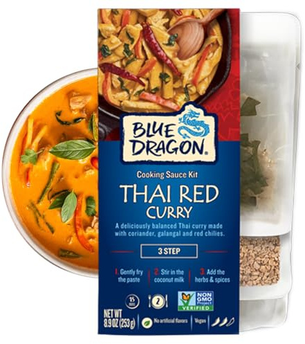 Blue Dragon Kit de curry rouge thaï en 3 étapes, sachets pré-portionnés de notre pâte de curry rouge, lait de noix de coco, herbes et épices pour créer le curry parfait, végétalien (lot de 1)
