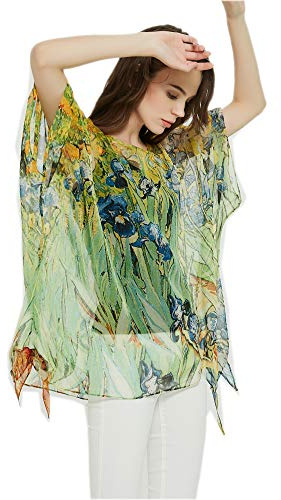 Prettystern Ladies Silk Tunika Chiffong Poncho Sommarblus Strandklänning Kast Van Gogh - Iris Iris