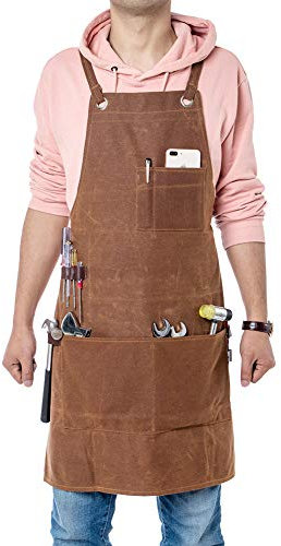 QEES Apron - Heavy Duty, Waterproof Workman Apron with 3 Large Pockets - Waxed Canvas, One Size Fits All, Unisex
