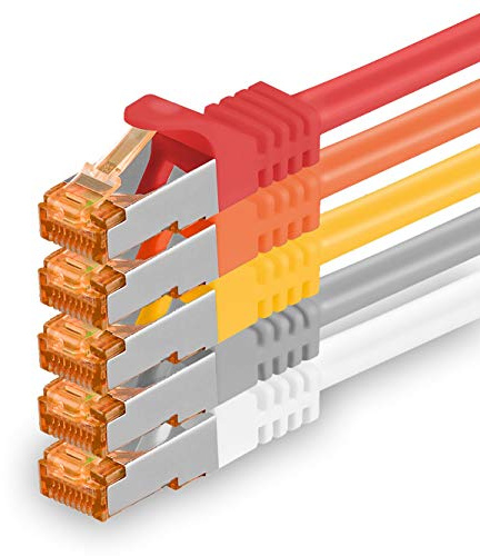 1aTTack.de 1 m – Cat.7 nätverkskabel 5-färger 01-5 stycken Gigabit Ethernet LAN-kabel 10 000 Mbit s patchkabel Cat7 kabel S FTP PIMF avskärmning LSZH Cat.7 råkabel Rj45 kontakt Cat 6a – 5 x 1 meter