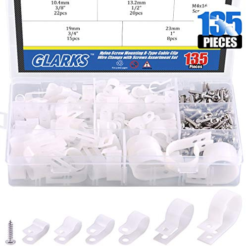 Glarks 135 Stück 1/4 Zoll - 2,5 cm (1/4 Zoll) - 2,5 cm (1/4 Zoll) - 2,5 cm (1 Zoll) weiße Nylon-Schraubbefestigung, R-Typ-Kabelklemme, Drahtklemme mit für Draht, Kabel, Leitungen und Kabelkanal Kit