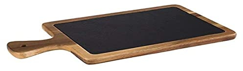 APS Planche de service 2 pièces 43 x 12 cm - Planche à découper rustique en bois d'acacia - Planche en bois avec plateau en ardoise naturelle