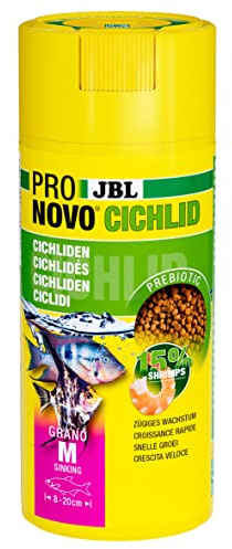 JBL PRONOVO CICHLID GRANO, huvudfoder för kungsfiskar från 8–20 cm, klickdoserare, fiskfodergranulat, storlek M, 250 ml