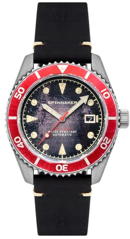 Spinnaker Herren 44mm Wreck Automatik Distressed Black 3-Zeiger-Uhr mit Echtlederarmband SP-5089-01