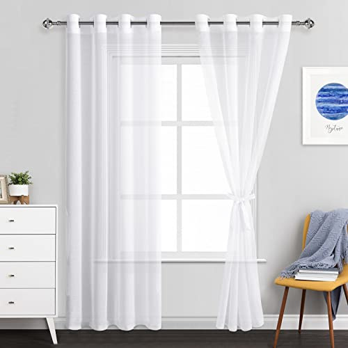 JIUZHEN ROSETTE White Sheer Curtains - Grommet Semi Transparent Window Curtain Drapes for Bedroom Living Room 52x 84 inches Long, Set of 2 with Tiebacks