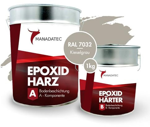 MANADATEC 2k Epoxidharz Bodenbeschichtung 1kg I RAL 7032 Kieselgrau I Lösemittelfrei, Umweltfreundlich & Geruchsneutral I Beschichtung für Garagen- & Kellerböden I Hohe Schlagfestigkeit