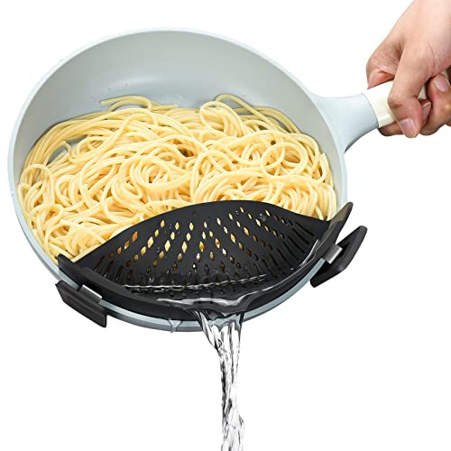 Hervimo Nudelsieb, Anstecksieb für Töpfe, Pfanne, Silikon, Lebensmittelsieb, freihändiges Abtropfsieb, Küchenhelfer, hitzebeständig für Pasta, Spaghetti, Fleisch (dunkelgrau)