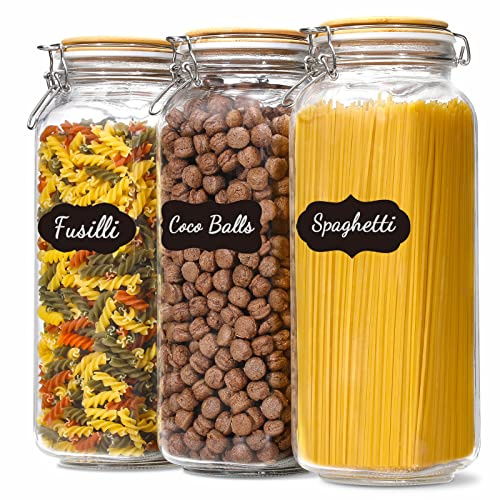 VITEVER [ Taller Glass Jars with Airtight Lid, 92oz Large Glass Food Storage Jars, 3 Pack Wide Mouth Airtight Glass Jars for Kitchen Pantry Spaghetti, Square Mason Jars with Labels