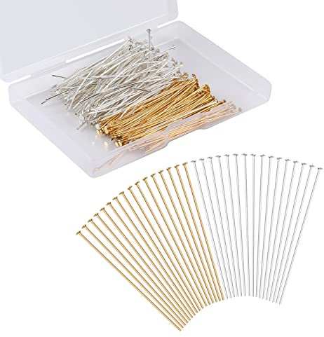 KINBOM 300 Stück Gerade Stecknadeln, Kopfstifte Schmuckherstellung 5cm Lang Sortiert End Kopfstifte Silber & Gold Schmuckstifte für DIY Ohrringe Armbänder Halsketten Anhänger (Flachkopfstifte)