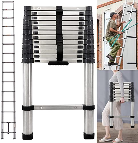 Scala telescopica compatta da 3,8 m, scaletta telescopica multiuso in acciaio inox, estensione allungabile, pieghevole, per uso domestico, scala industriale per tetto