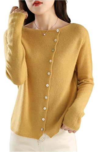 MOGSA Cardigan tröjor vår kashmir tröja dam rund hals stickad kofta lätt varm jacka smala toppar-lönn gul, M