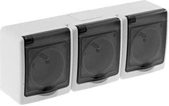Enchufe de 3 enchufes de cristal ahumado para pared, IP44, 16 A/250 V, Schuko, superficie húmeda, color blanco