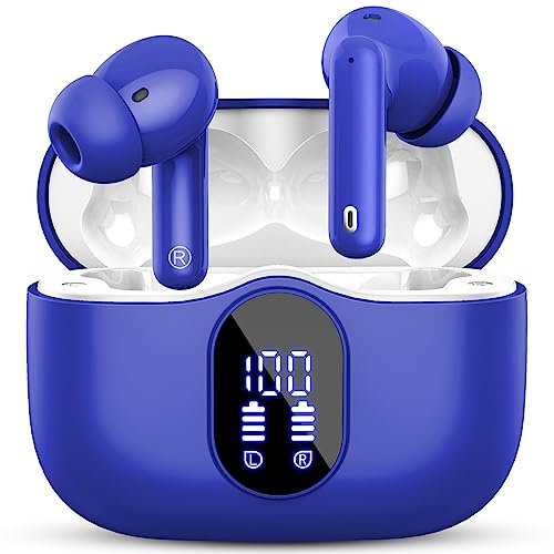 Wireless Earbuds, Bluetooth 5.3 Headphones In Ear with 4 ENC Noise Cancelling Mic, 2025 Bluetooth Earphones Mini HI-FI Stereo Sound, LED Display Wireless Headphones 36H Playtime IP7 Waterproof, Blue