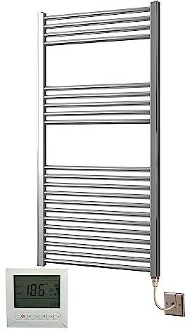 Greened House Extra High Heat Output Chrome Electric Towel Rail 600 x 1200mm Flat Bathroom Radiator Heater Up to 26% More Heat Output + Timer and Thermostat