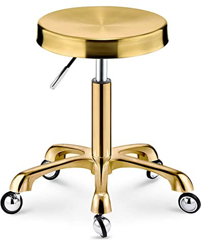 Hocker Stuhl, 360° drehbar, runder Rollhocker aus Metall, höhenverstellbar 45–58 cm, robuster hydraulischer Hocker mit 5 Rollen für Küche, Salon, Bar, Büro, Massage, Tragfähigkeit 200 kg (Gold) (Gold)
