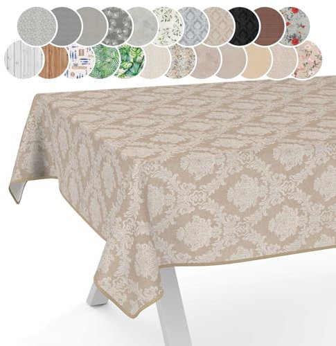 Stoff Tischdecke Textil Tischwäsche Tischtuch Baumwolle Polyester abwaschbar Uni Ornament Damast Jacquard Gewebe waschbar Barock Beige 120x140cm mit Saum (Eingefasst)