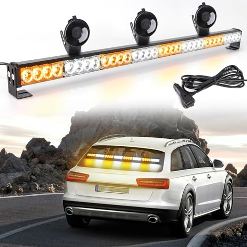 ROUTEKING Barre Gyrophare LED Orange Blanc 90cm 32 LED 12V, 13 Modes | IP66, rampe avec supports ou ventouses, résistante pluie, neige et brouillard, idéale pour dépanneuses et véhicules d'urgence