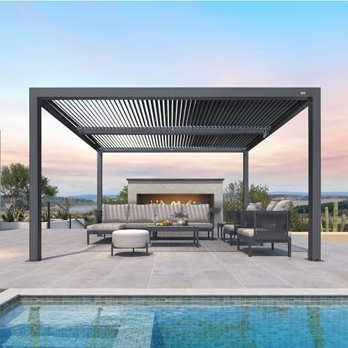 PURPLE LEAF Pergola 3.35 x 4 m mit Lamellendach Terrassenüberdachung Hardtop Pavillon Wasserdicht Stabil Winterfest Freistehend Verstellbaren Aluminium-Lamellen, Grau