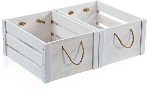 ROSOS Wooden Crates, Farmhouse Wooden Crates for Storage with Rope Handles, Solid Wood Crate for Display, Durable Wood Crate Box, Handmade Large Wooden Crates for Decor, White Crate, 2 Pack