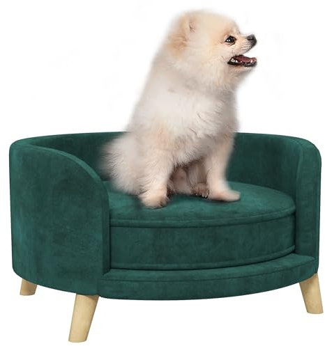 PawHut Hundesofa, Haustiersofa mit Samtoptik, Katzensofa mit Kissen, Hundebett, Hundecouch mit Erhöhtem Design, Hundesessel mit Holzbeine, Grün, 68 x 68 x 35 cm