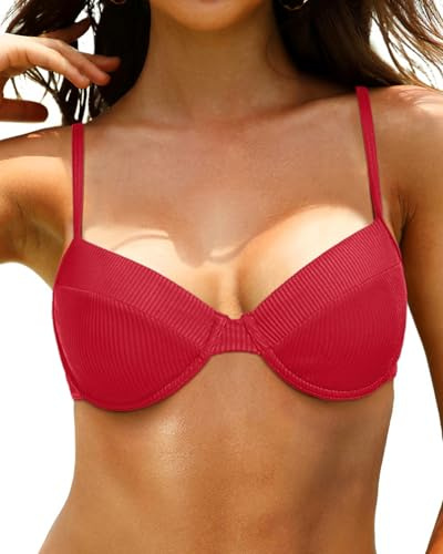 Tempt Me Women Red Underwire Bikini Top Push Up Bathing Suit Top Bra Sized Ribbed Swimsuit Top Only L