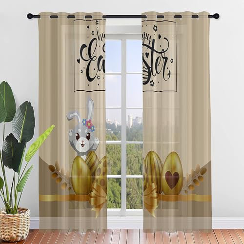 ENEN Vorhänge Wohnzimmer, Gardinen mit Ösen Halbtransparent Gardinen Wohnzimmer Osterhase, Schlaufenschal 2er Set für Kleine Fenster Küche Wohnzimmer Landhaus (E,132x182cm)
