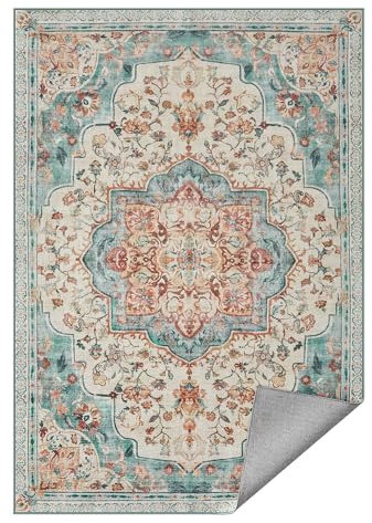SONGMICS HOME Tappeto Antiscivolo 120 x 170 cm Camera da Letto, Stile Vintage Tradizionale, Ornamento per Soggiorno, Cucina, Ingresso, Sala da Pranzo, Lavabile in Lavatrice, Blu Acqua TAR032Q01