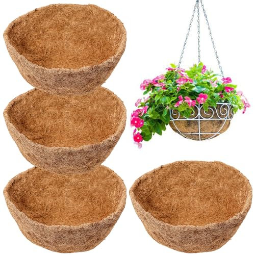 JJYHEHOT Lot de 4 doublures rondes en fibre de coco naturelle pour panier suspendu de 30,5 cm, doublure murale en fibres de coco pour pot de fleurs d'intérieur et d'extérieur