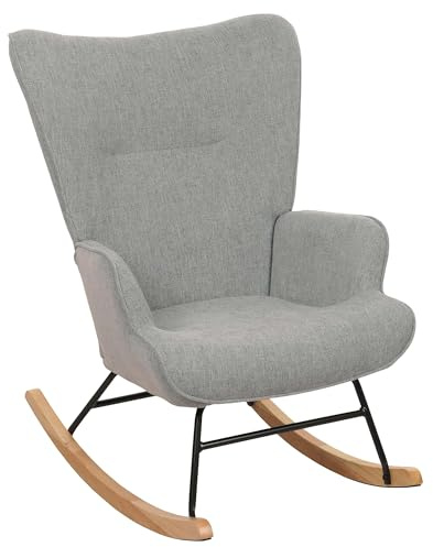 Mendler Schaukelstuhl HWC-N14, Schwingstuhl Relaxsessel Fernsehsessel, Massiv-Holz Metall Stoff/Textil 320g/m² - grau-grün