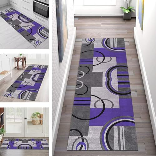 Teppich Läufer Lang Küche Flur Teppichläufer Rutschfest Waschbar Küchenläufer Teppichmatten Grau Violett 3D Schmutzfangmatte 50X250CM Meterware Flurteppich Wohnzimmer Schlafzimmer Küchenteppich