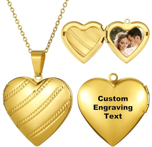 MeMeDIY Personalisiert Medaillon Kette mit Bild Damen Herz Medaillon Zum Öffnen Kette Halskette Gold/Silber/Rosegold Gravierte Gedenk Anhänger Halskette Schmuck Geschenke für Frauen