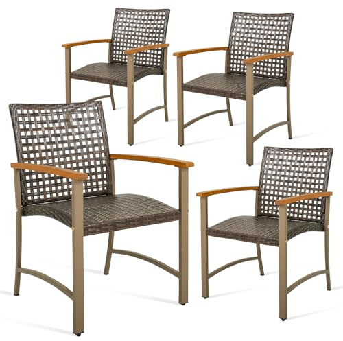 LIFEZEAL Lot 4 Chaises de Jardin Extérieur en Rotin PE, Fauteuil avec Accoudoirs en Bois d’Acacia, Hauteur du Siège 44 cm, Cadre en Métal, Charge 180 kg, Mobilier pour Terrasse, Balcon, Patio